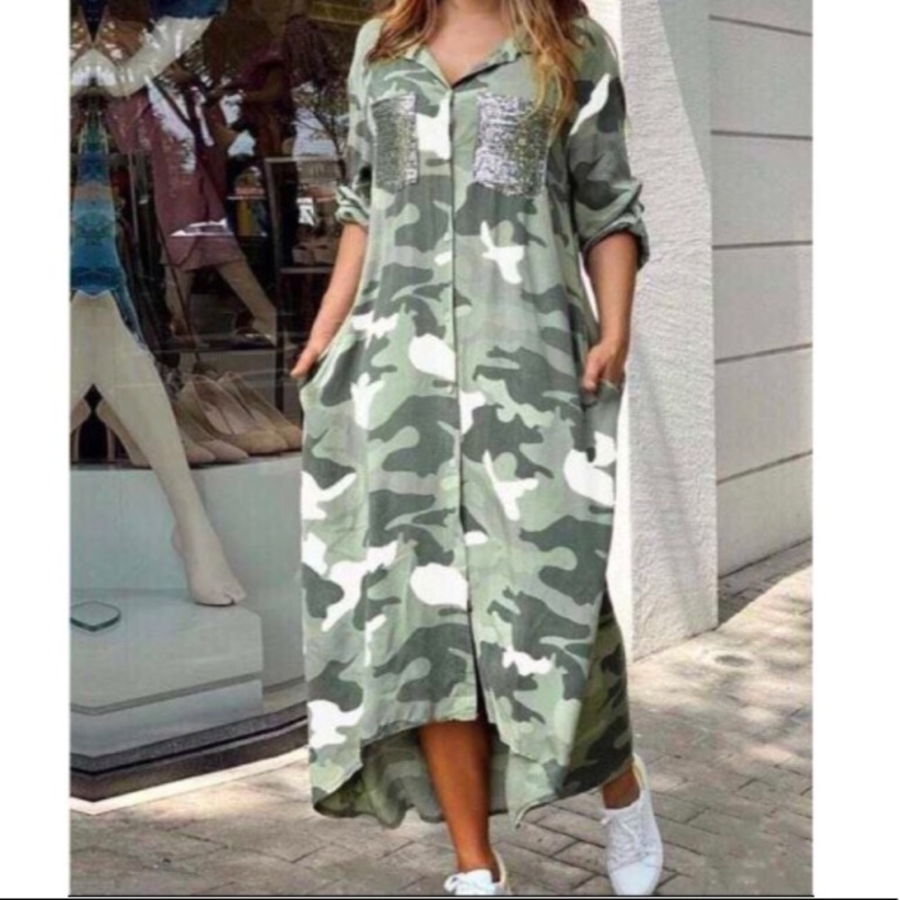 NEW! Camo print /long sleeve/ stylish sequin pockets/ cover up/ duster / dress